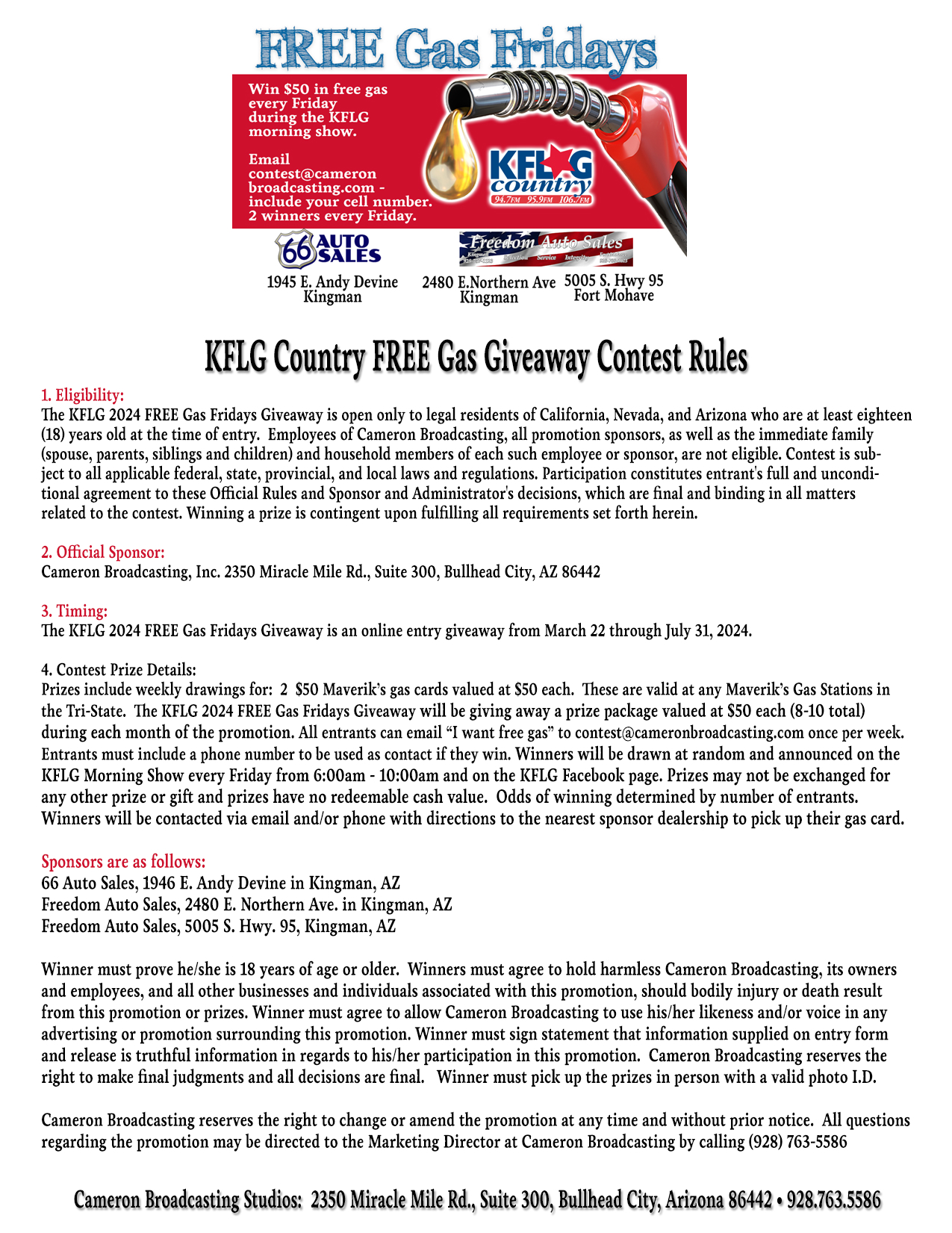KFLG Country FREE Gas Giveaway Contest Rules